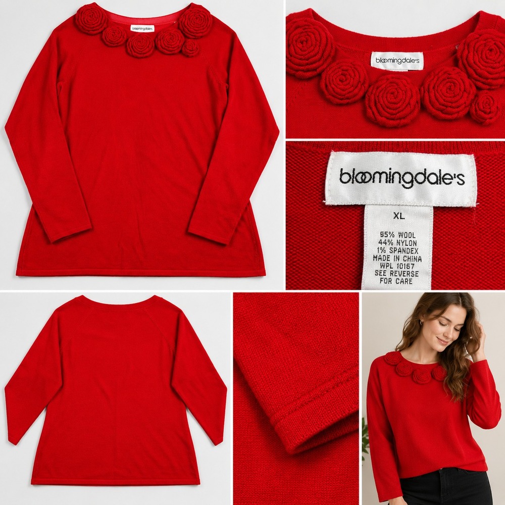 Bloomingdales Red Wool Knit Top Size XL Boat Neck Sculpted Flowers Floral VTG